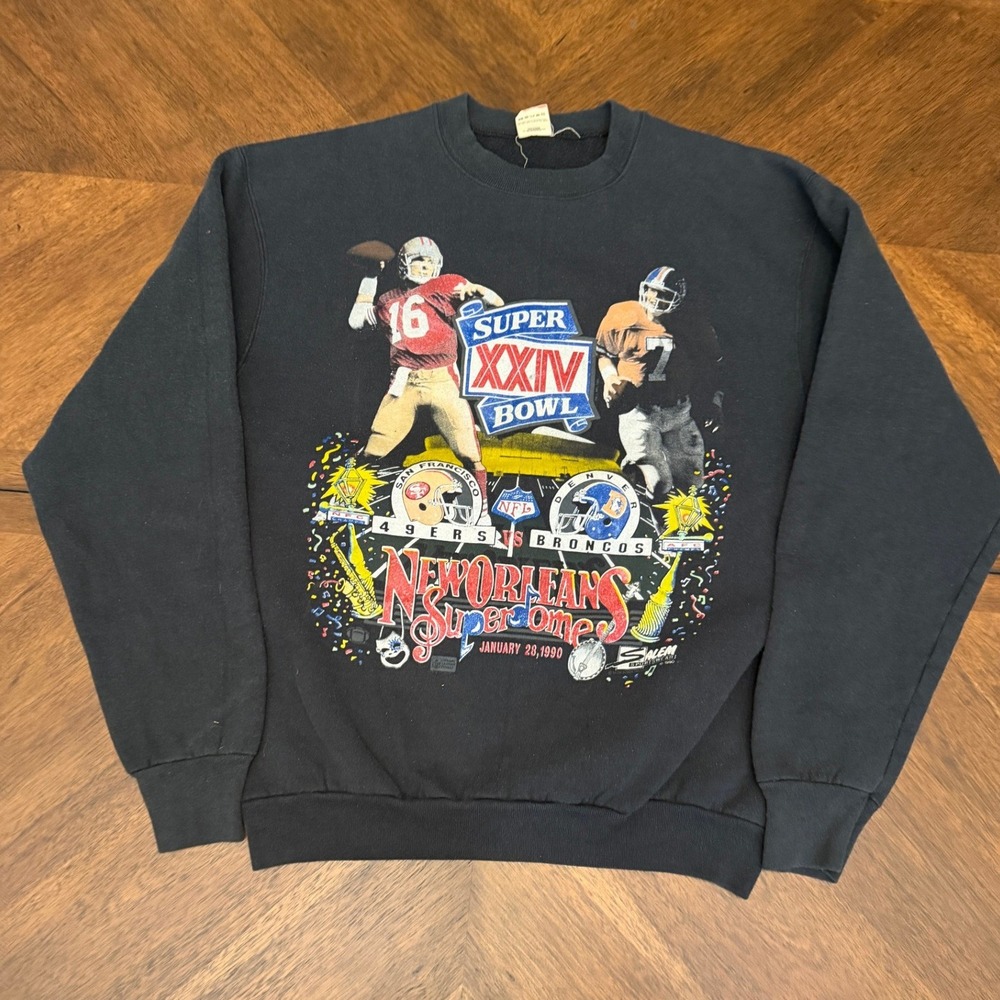 Vintage 1990 Super Bowl XXIV 49ers vs Broncos Salem Sweatshirt Black XL USA